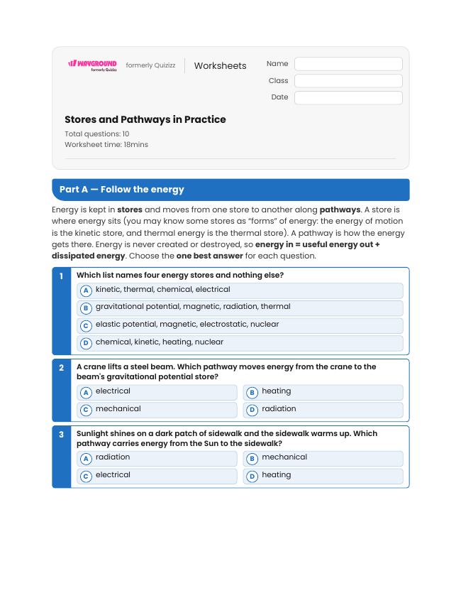 Stores and Pathways in Practice - Imprimible Transferencia-de-energía Hojas-de-trabajo Grado 10 - Wayground