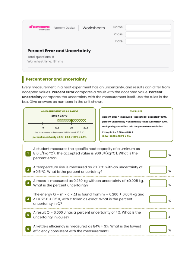 Percent Error and Uncertainty - Imprimible Transferencia-de-energía Hojas-de-trabajo Grado 11 - Wayground