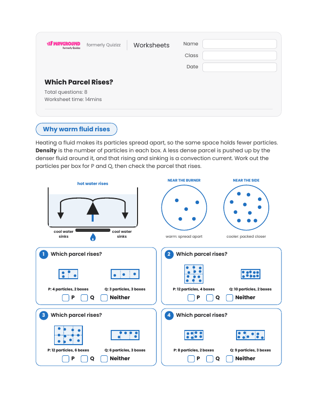 Which Parcel Rises? - Printable Energy-transfer Worksheets Year 7 - Wayground