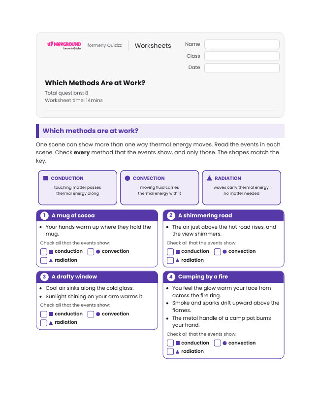 Which Methods Are at Work? - Printable Energy-transfer Worksheets Year 7 - Wayground