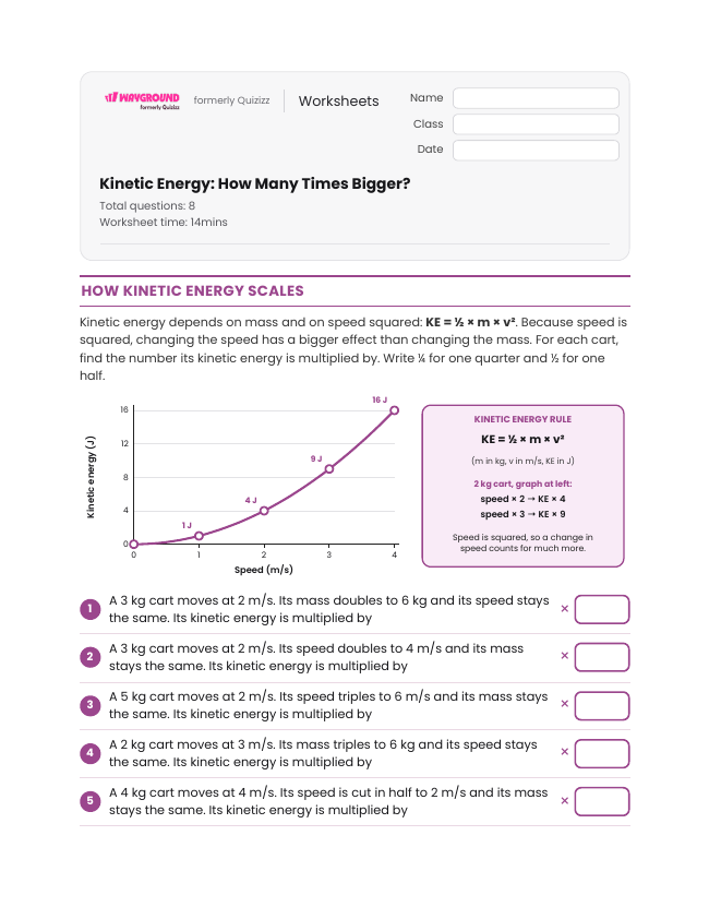 Kinetic Energy: How Many Times Bigger? - Printable Energy-transfer Worksheets Year 7 - Wayground