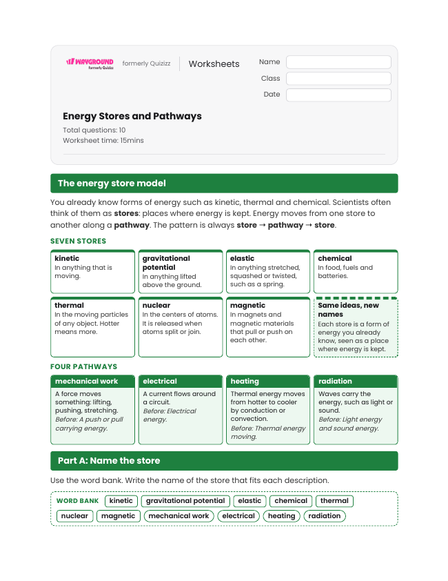 Energy Stores and Pathways - Printable Energy-transfer Worksheets Year 7 - Wayground
