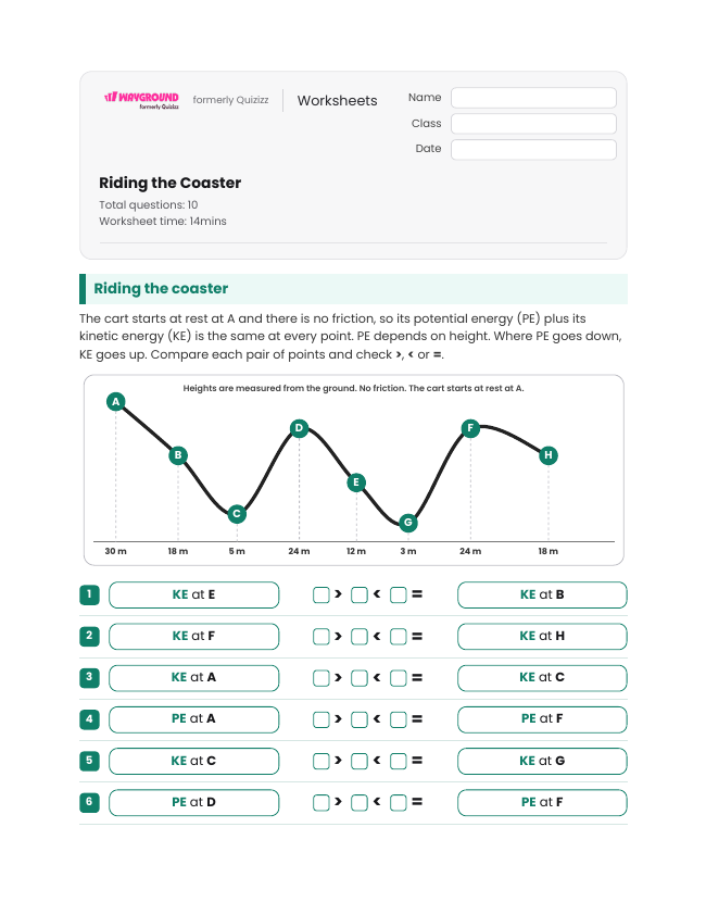 Riding the Coaster - Printable Energy-transfer Worksheets Year 8 - Wayground