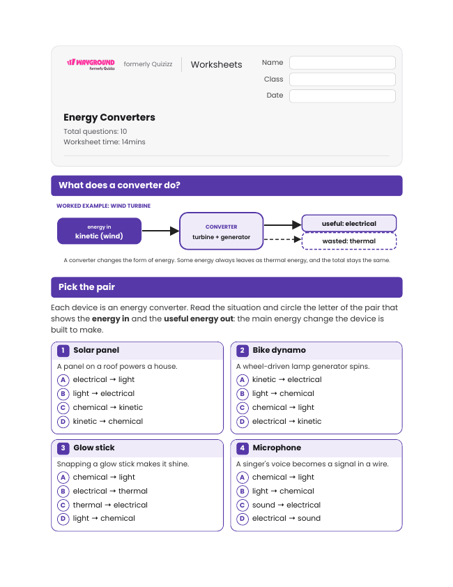 Energy Converters - Printable Energy-transfer Worksheets Year 8 - Wayground