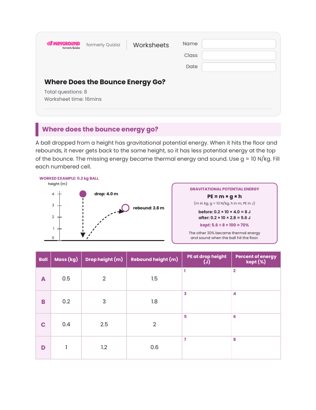 Where Does the Bounce Energy Go? - Printable Energy-transfer Worksheets Year 8 - Wayground