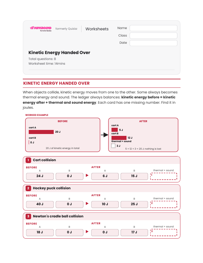 Kinetic Energy Handed Over - Printable Energy-transfer Worksheets Year 8 - Wayground