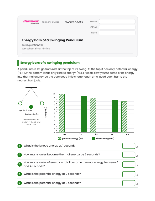 Energy Bars of a Swinging Pendulum - Printable Energy-transfer Worksheets Year 8 - Wayground