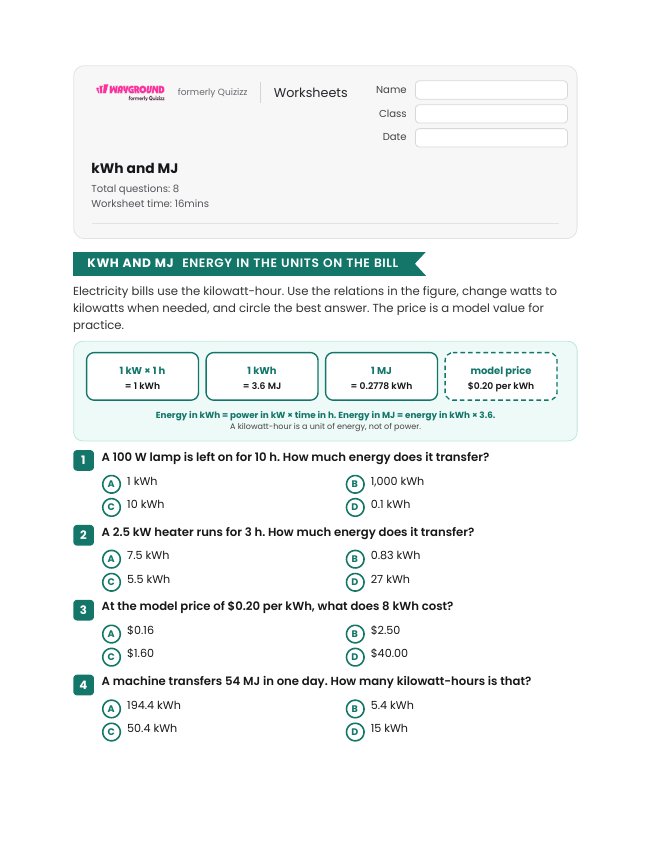 kWh and MJ - Printable Energy-transformation Worksheets Grade 10 - Wayground