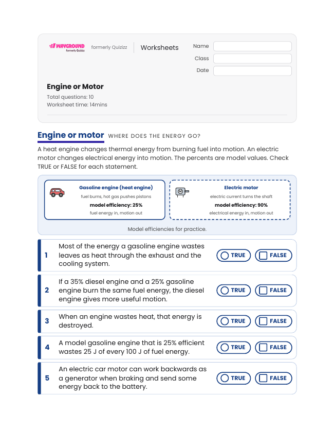 Engine or Motor - Printable Energy-transformation Worksheets Grade 10 - Wayground