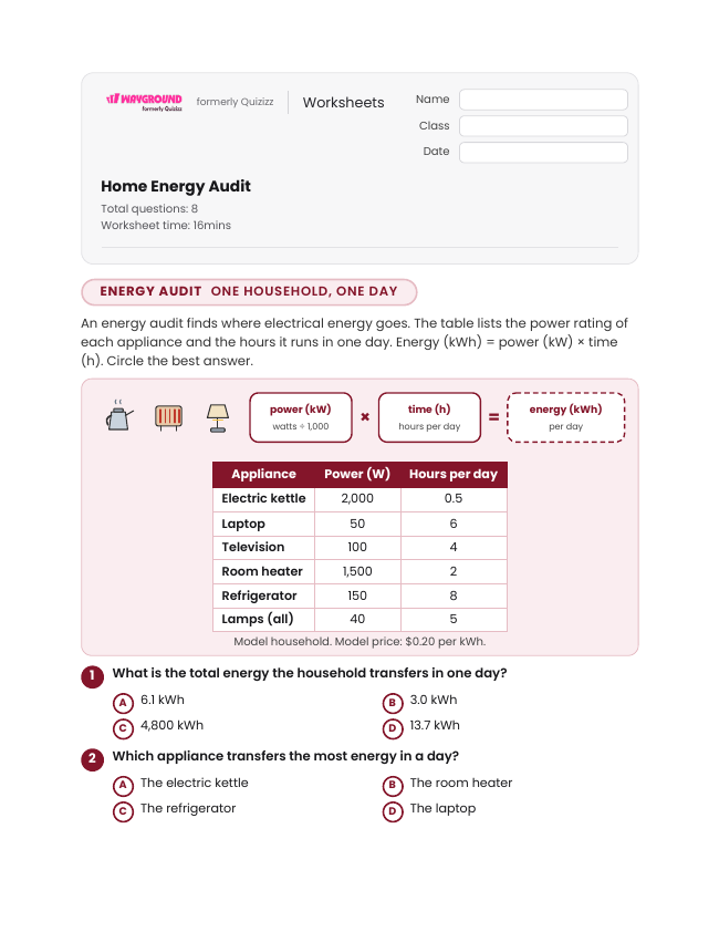 Home Energy Audit - พิมพ์ได้ การเปลี่ยนแปลงพลังงาน เวิร์กชีท ระดับ 10 - Wayground