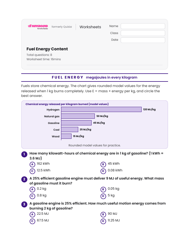 Fuel Energy Content - พิมพ์ได้ การเปลี่ยนแปลงพลังงาน เวิร์กชีท ระดับ 10 - Wayground