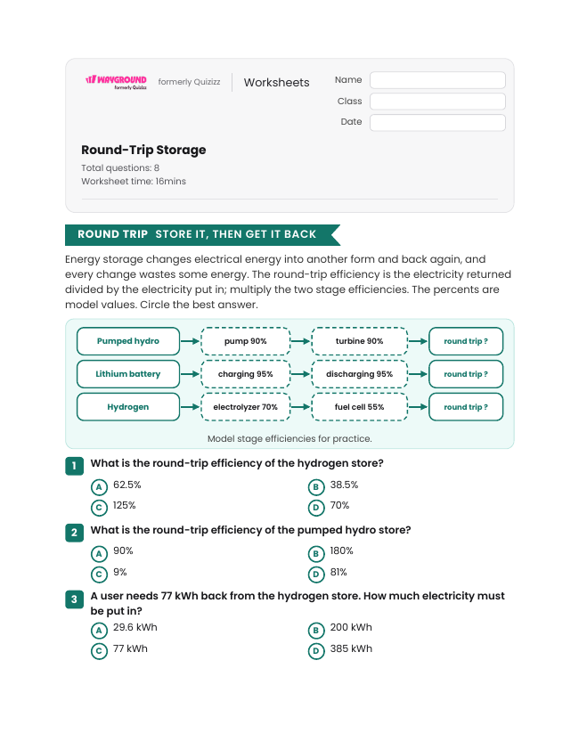 Round-Trip Storage - Printable Energy-transformation Worksheets Grade 11 - Wayground