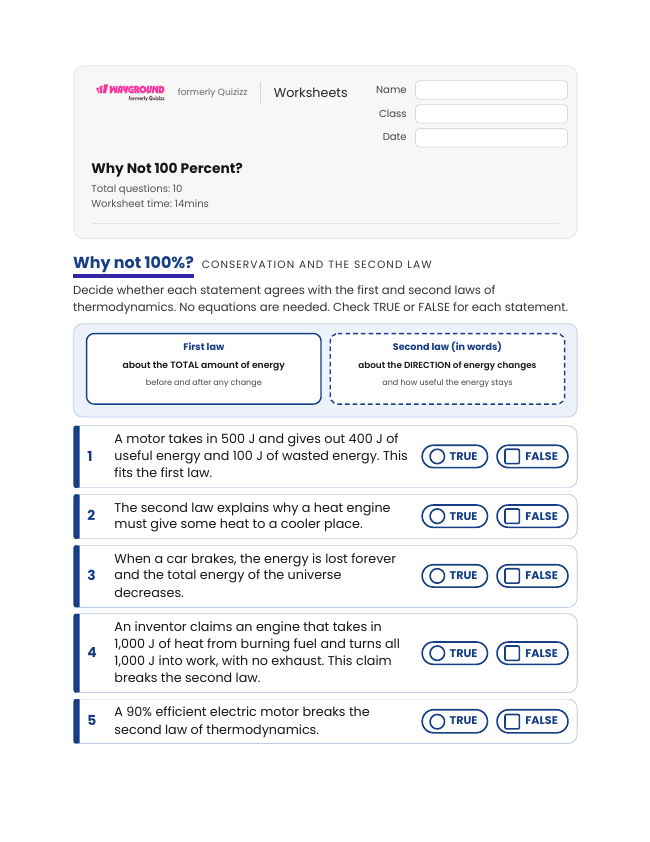 Why Not 100 Percent? - Printable Energy-transformation Worksheets Grade 11 - Wayground