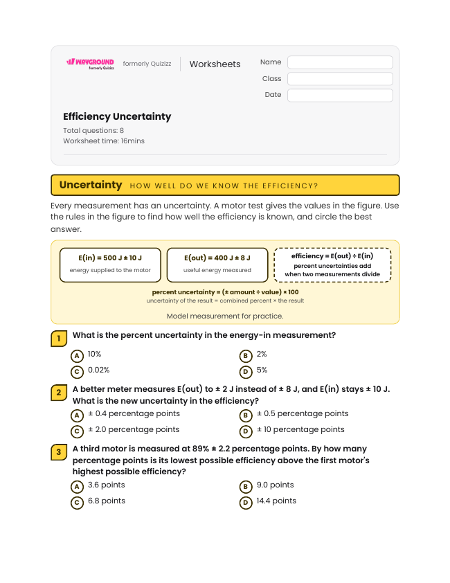 Efficiency Uncertainty - Printable Energy-transformation Worksheets Grade 12 - Wayground