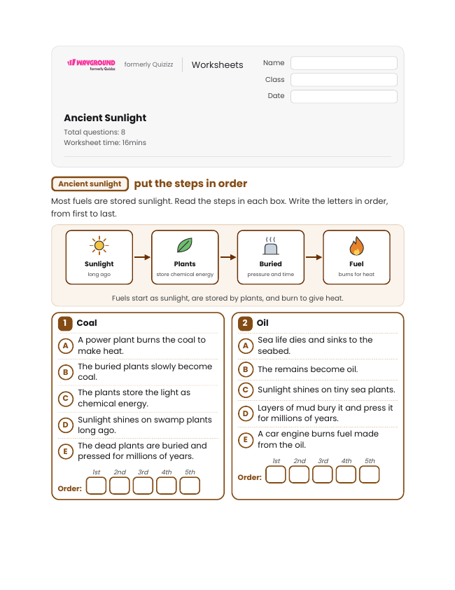Ancient Sunlight - Printable Energy-transformation Worksheets Grade 6 - Wayground