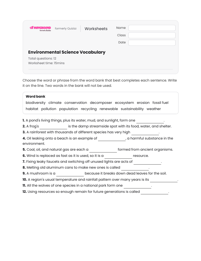 Environmental Science Vocabulary - Imprimible Ciencias-ambientales Hojas-de-trabajo - Wayground