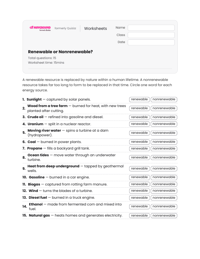 Renewable or Nonrenewable? - Imprimible Ciencias-ambientales Hojas-de-trabajo - Wayground
