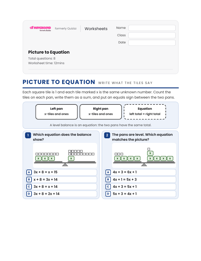 Picture to Equation - Printable Equations-with-variables-on-both-sides Worksheets Grade 6 - Wayground