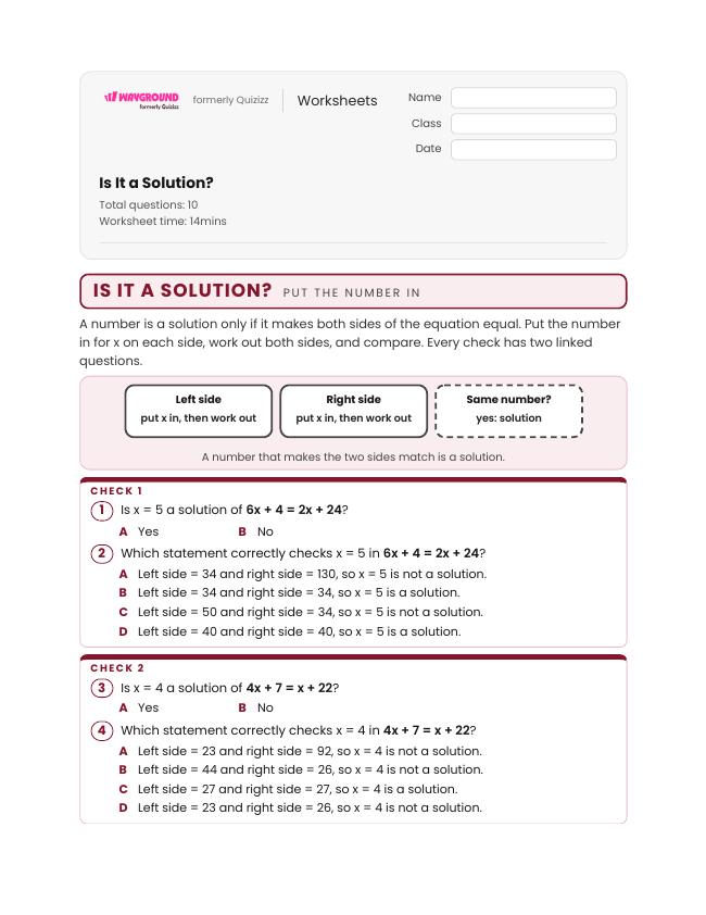 Is It a Solution? - Printable Equations-with-variables-on-both-sides Worksheets Grade 6 - Wayground