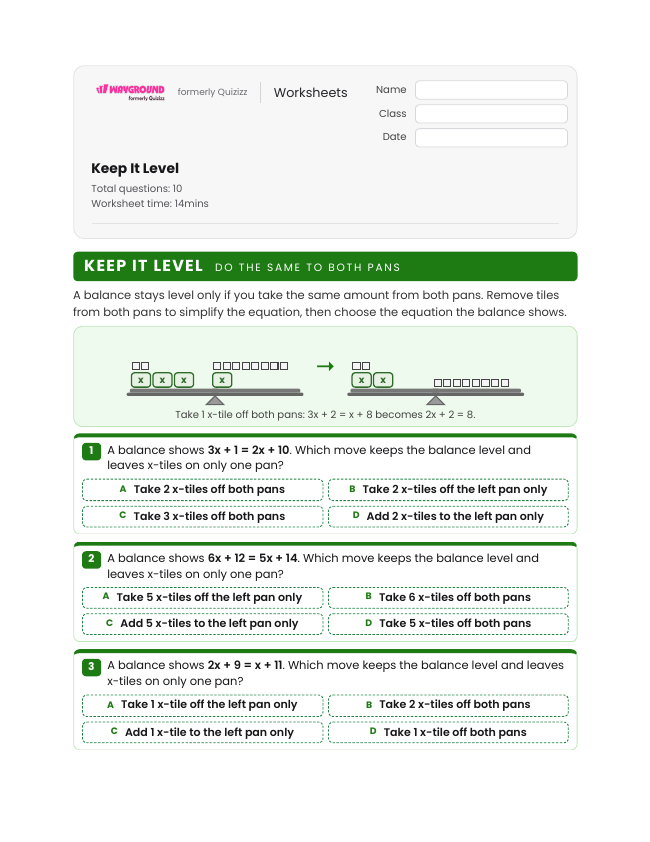 Keep It Level - Printable Equations-with-variables-on-both-sides Worksheets Grade 6 - Wayground