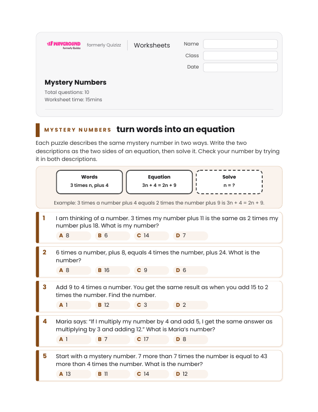 Mystery Numbers - Printable Equations-with-variables-on-both-sides Worksheets Grade 6 - Wayground