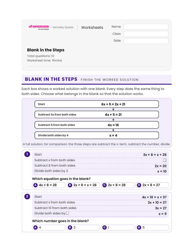 Blank in the Steps - Printable Equations-with-variables-on-both-sides Worksheets Grade 6 - Wayground