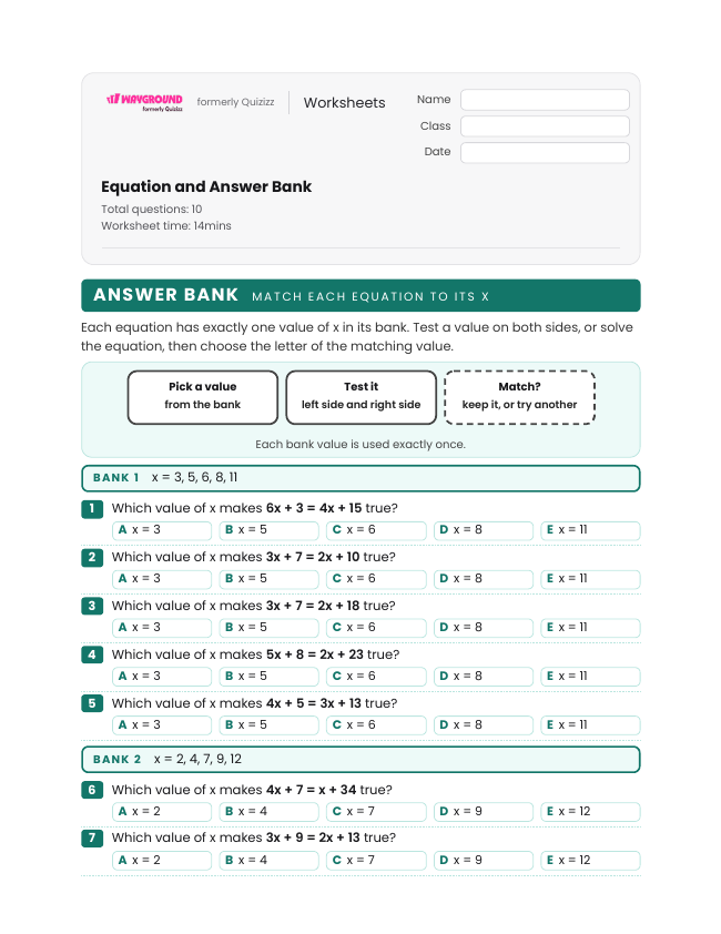 Equation and Answer Bank - Printable Equations-with-variables-on-both-sides Worksheets Grade 6 - Wayground