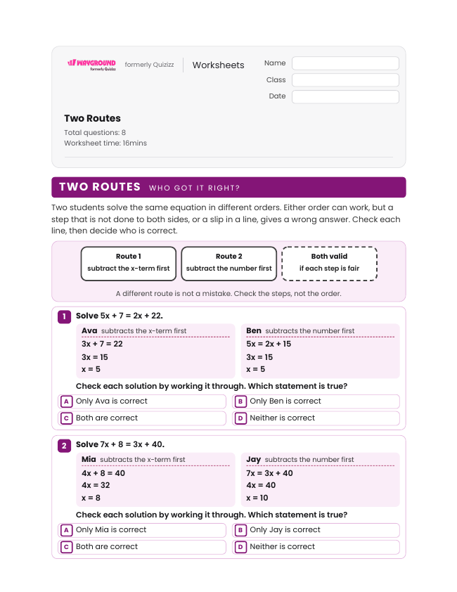 Two Routes - Printable Equations-with-variables-on-both-sides Worksheets Grade 6 - Wayground