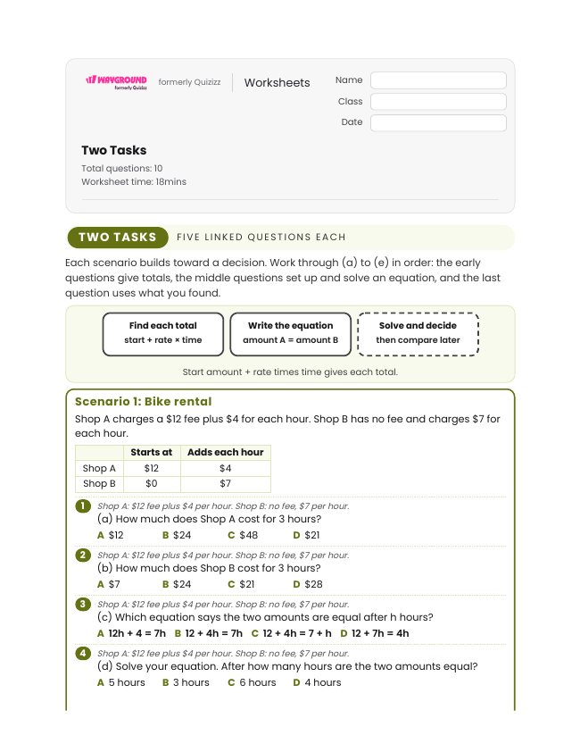 Two Tasks - Printable Equations-with-variables-on-both-sides Worksheets Grade 6 - Wayground