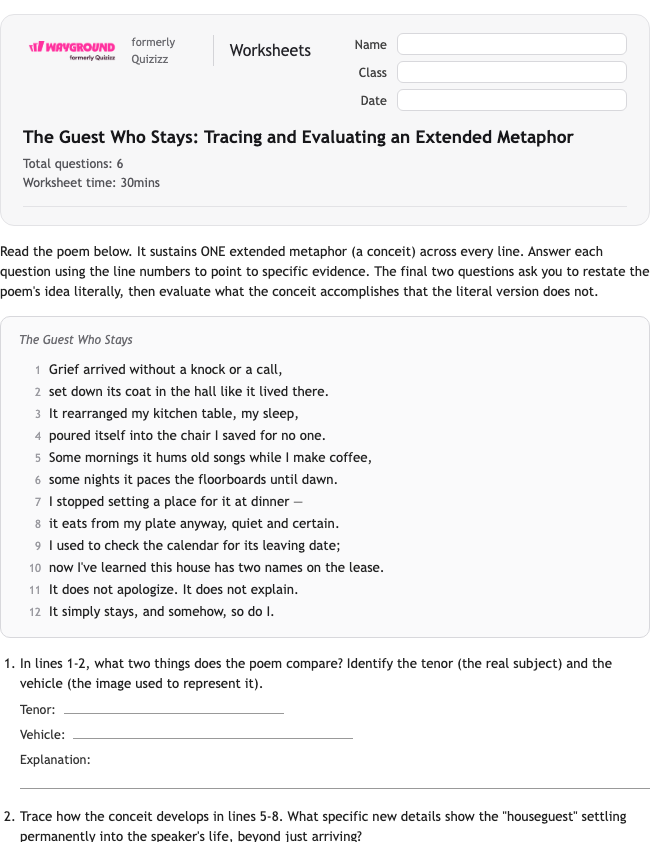 The Guest Who Stays: Tracing and Evaluating an Extended Metaphor - Imprimível Bahasa-figuratif Lembar-kerja Kelas 10 - Wayground