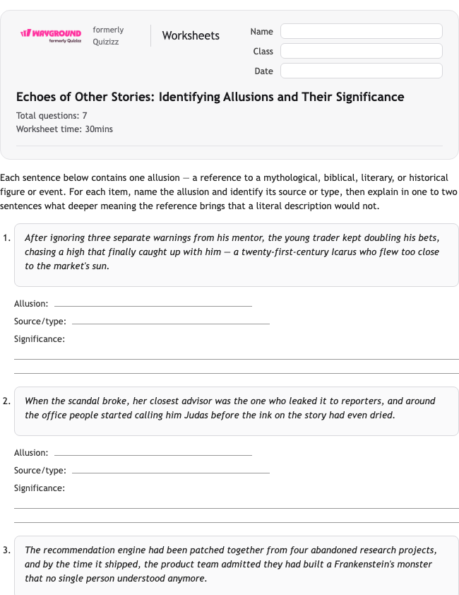 Echoes of Other Stories: Identifying Allusions and Their Significance - Imprimível Bahasa-figuratif Lembar-kerja Kelas 10 - Wayground