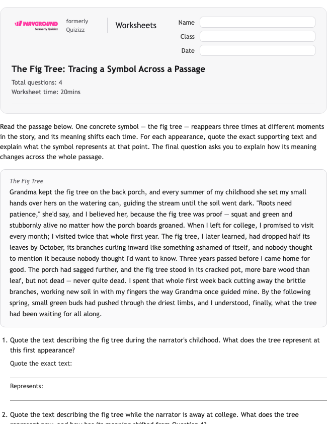 The Fig Tree: Tracing a Symbol Across a Passage - Imprimível Bahasa-figuratif Lembar-kerja Kelas 10 - Wayground