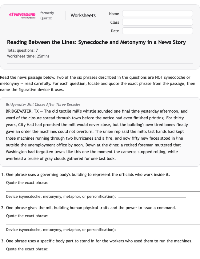Reading Between the Lines: Synecdoche and Metonymy in a News Story - Imprimível Bahasa-figuratif Lembar-kerja Kelas 10 - Wayground
