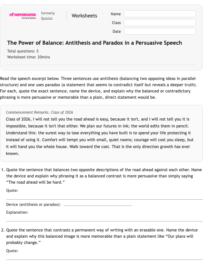 The Power of Balance: Antithesis and Paradox in a Persuasive Speech - Imprimível Bahasa-figuratif Lembar-kerja Kelas 10 - Wayground
