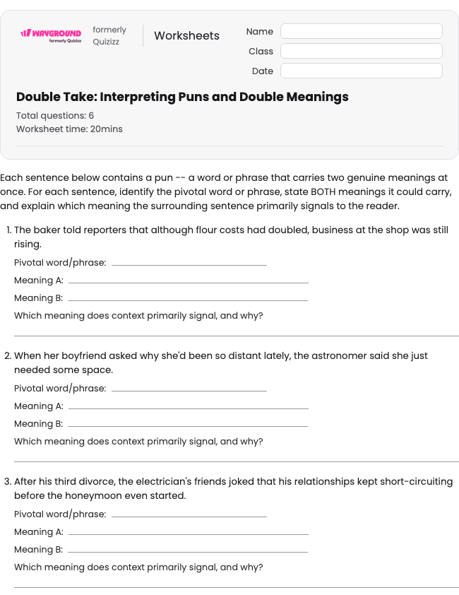 Double Take: Interpreting Puns and Double Meanings - Imprimível Bahasa-figuratif Lembar-kerja Kelas 10 - Wayground