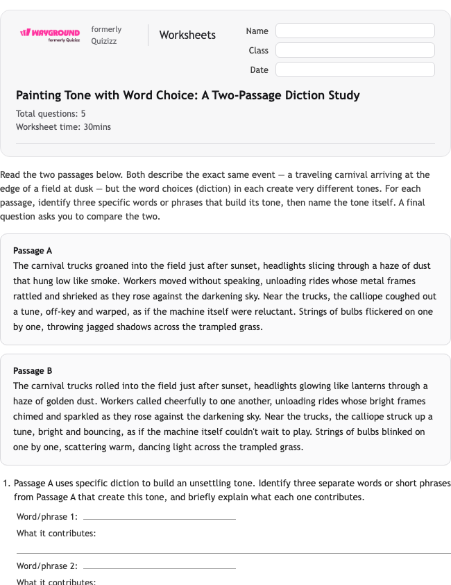 Painting Tone with Word Choice: A Two-Passage Diction Study - Imprimível Bahasa-figuratif Lembar-kerja Kelas 10 - Wayground