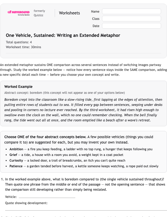One Vehicle, Sustained: Writing an Extended Metaphor - Imprimível Bahasa-figuratif Lembar-kerja Kelas 10 - Wayground