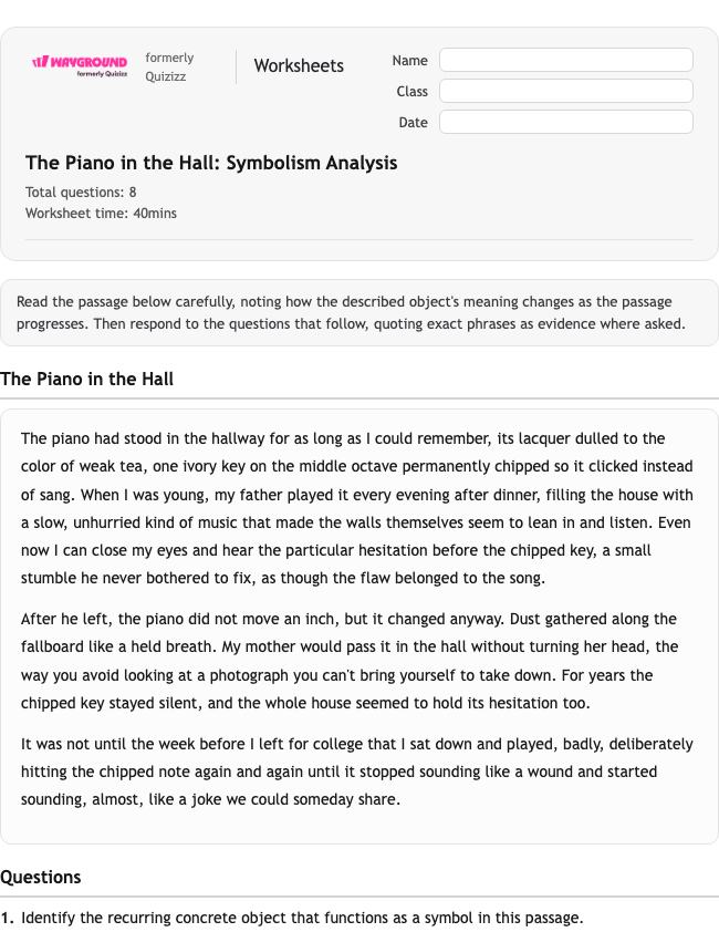 The Piano in the Hall: Symbolism Analysis - Dapat dicetak Bahasa-figuratif Lembar-kerja Kelas 11 - Wayground