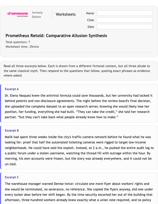 Prometheus Retold: Comparative Allusion Synthesis - Dapat dicetak Bahasa-figuratif Lembar-kerja Kelas 11 - Wayground