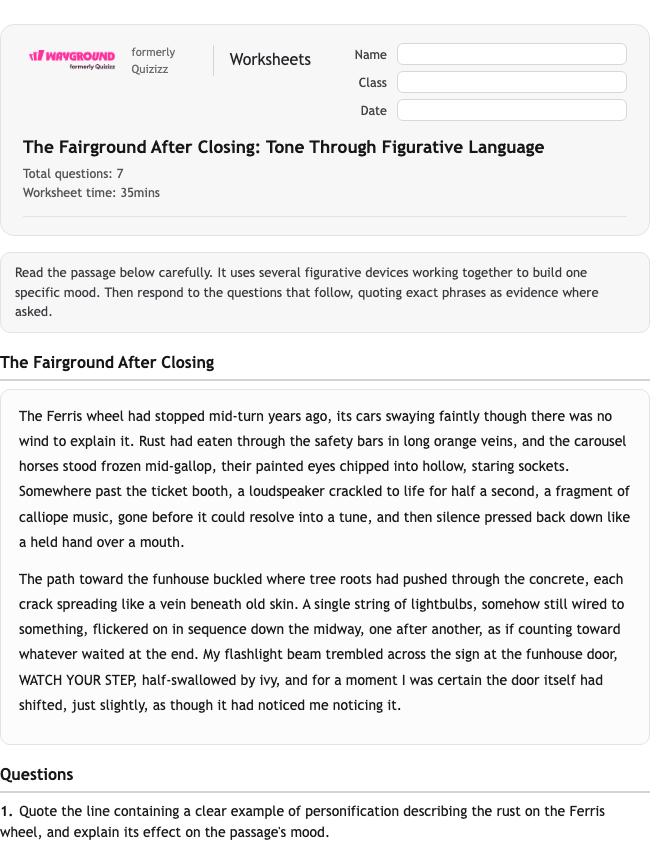 The Fairground After Closing: Tone Through Figurative Language - Dapat dicetak Bahasa-figuratif Lembar-kerja Kelas 11 - Wayground