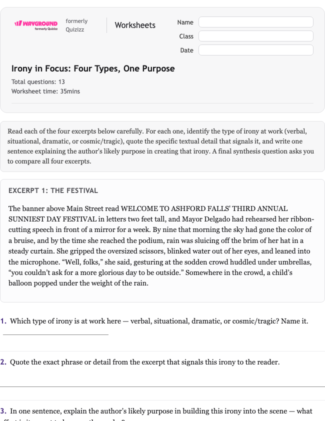 Irony in Focus: Four Types, One Purpose - Dapat dicetak Bahasa-figuratif Lembar-kerja Kelas 11 - Wayground