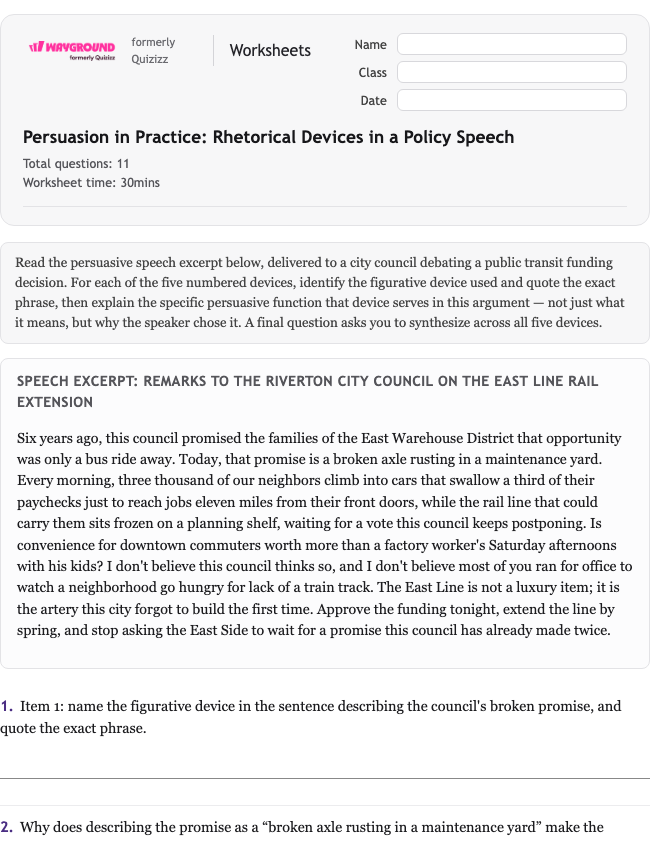Persuasion in Practice: Rhetorical Devices in a Policy Speech - Dapat dicetak Bahasa-figuratif Lembar-kerja Kelas 11 - Wayground