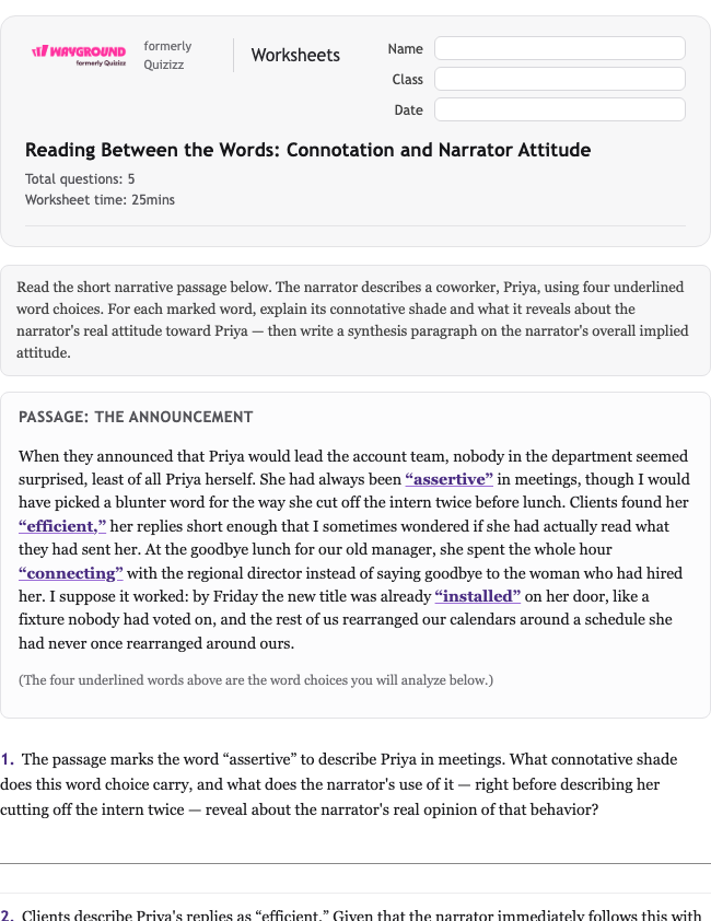 Reading Between the Words: Connotation and Narrator Attitude - Dapat dicetak Bahasa-figuratif Lembar-kerja Kelas 11 - Wayground