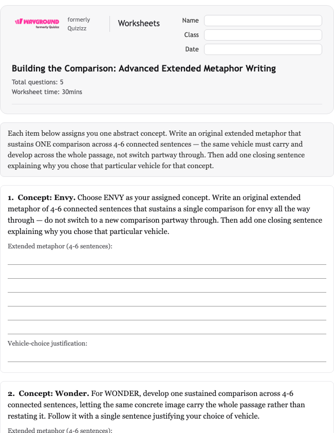 Building the Comparison: Advanced Extended Metaphor Writing - Dapat dicetak Bahasa-figuratif Lembar-kerja Kelas 11 - Wayground