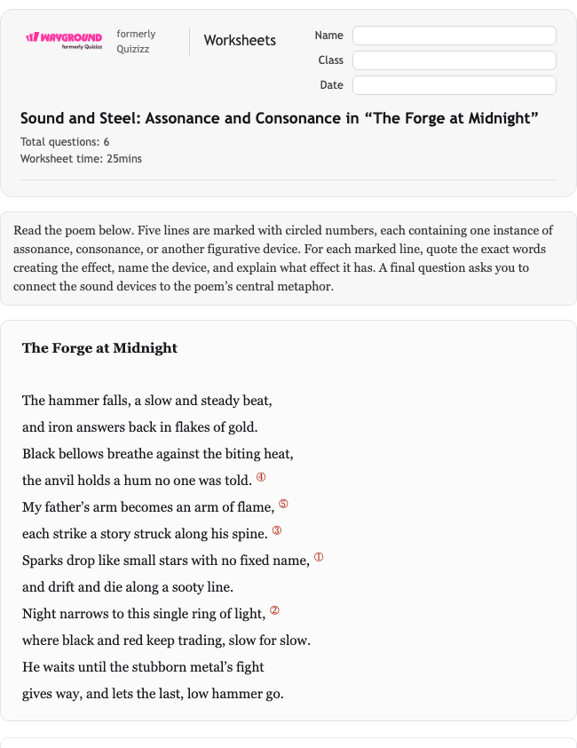 Sound and Steel: Assonance and Consonance in “The Forge at Midnight” - Dapat dicetak Bahasa-figuratif Lembar-kerja Kelas 11 - Wayground