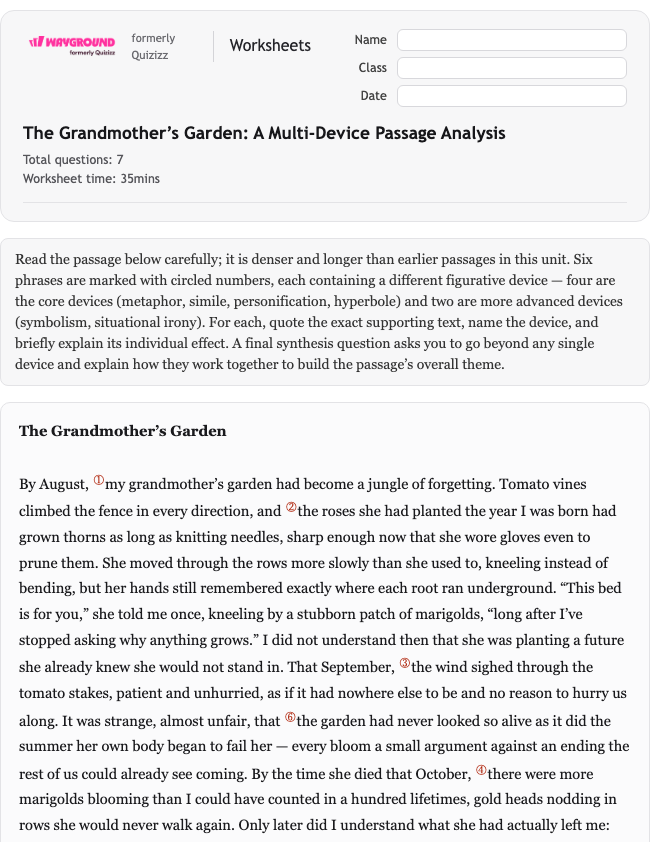 The Grandmother’s Garden: A Multi-Device Passage Analysis - Dapat dicetak Bahasa-figuratif Lembar-kerja Kelas 11 - Wayground