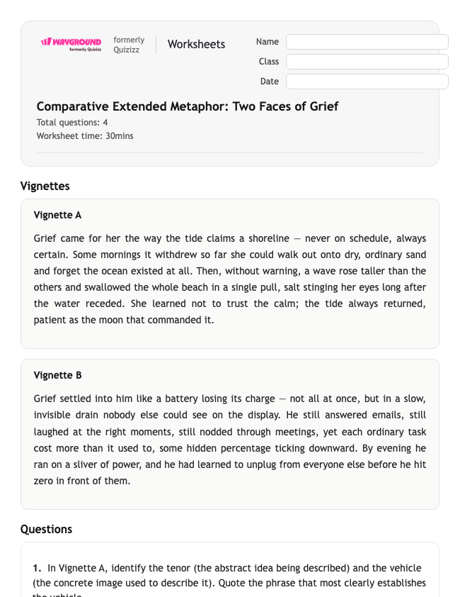 Comparative Extended Metaphor: Two Faces of Grief - Dapat dicetak Bahasa-figuratif Lembar-kerja Kelas 12 - Wayground