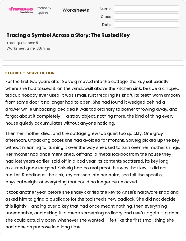 Tracing a Symbol Across a Story: The Rusted Key - Dapat dicetak Bahasa-figuratif Lembar-kerja Kelas 12 - Wayground