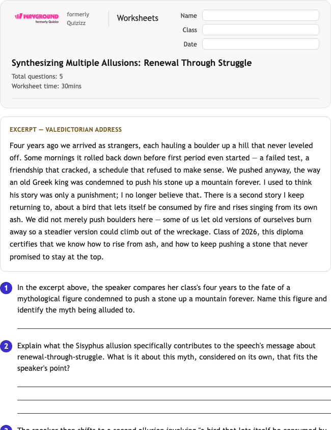 Figurative Language: Synthesizing Multiple Allusions - Dapat dicetak Bahasa-figuratif Lembar-kerja Kelas 12 - Wayground