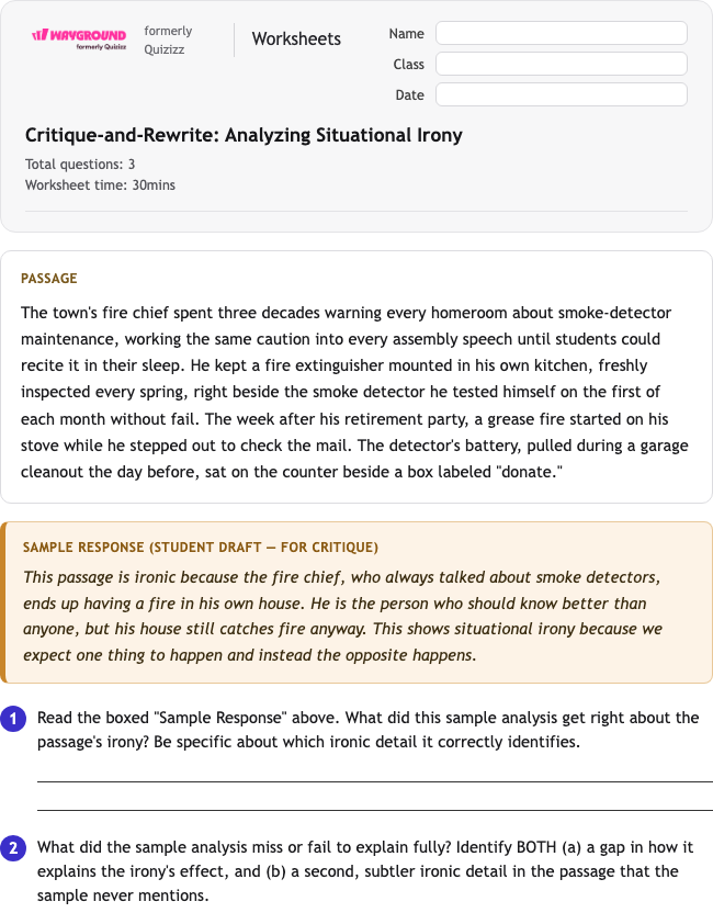 Figurative Language: Critique-and-Rewrite Irony Analysis - Dapat dicetak Bahasa-figuratif Lembar-kerja Kelas 12 - Wayground